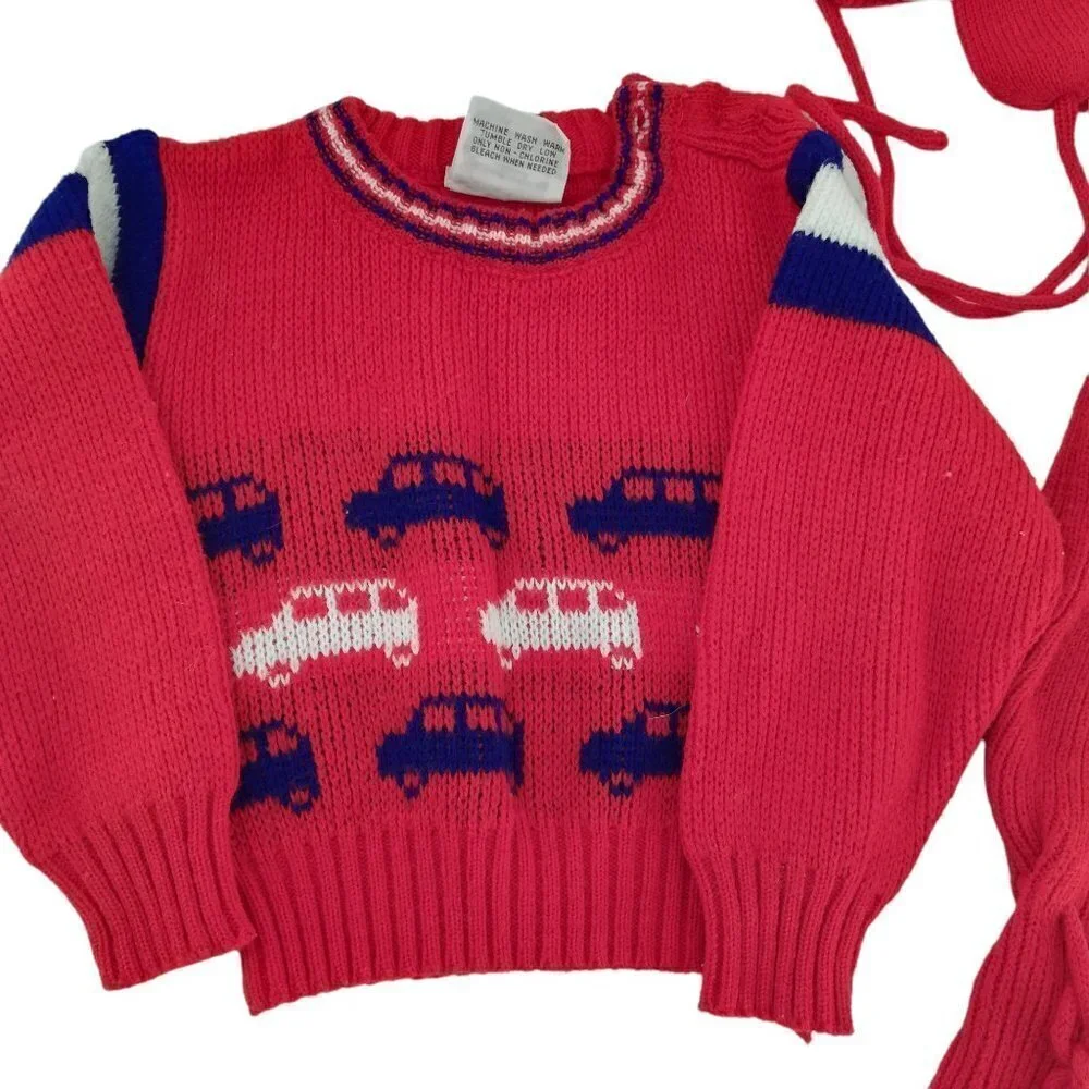 Vintage Knit Baby Outfit Size 6-12 Footie Pants Sweater Pompom Earflap Hat Cars